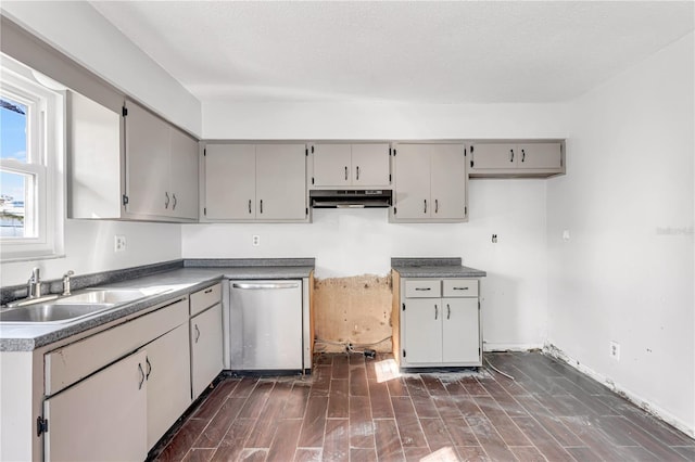 kitchen featuring dark wood-type flooring, a sink, gray cabinets, under cabinet range hood, and stainless steel dishwasher