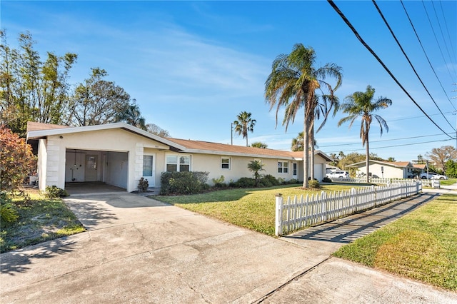 ranch-style house with a fenced front yard, an attached garage, concrete driveway, stucco siding, and a front lawn