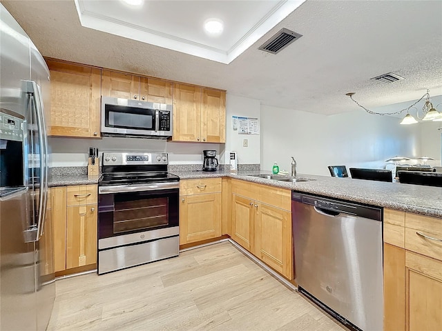 kitchen featuring stainless steel appliances, a tray ceiling, a sink, and visible vents