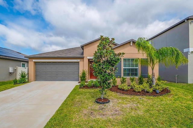 single story home featuring an attached garage, driveway, a front yard, and stucco siding