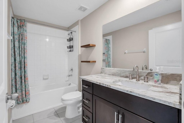 full bath with toilet, vanity, visible vents, tile patterned floors, and shower / bath combination with curtain