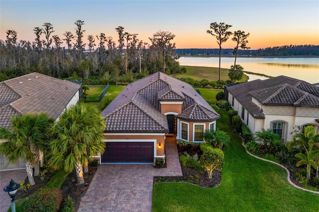 drone / aerial view with a water view