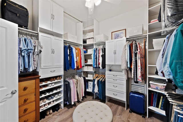 spacious closet with dark wood-style floors and ceiling fan