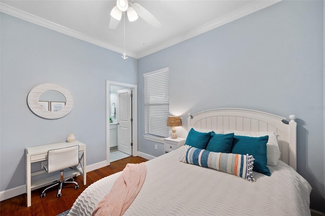 bedroom featuring baseboards, ensuite bath, ceiling fan, dark wood-style flooring, and crown molding