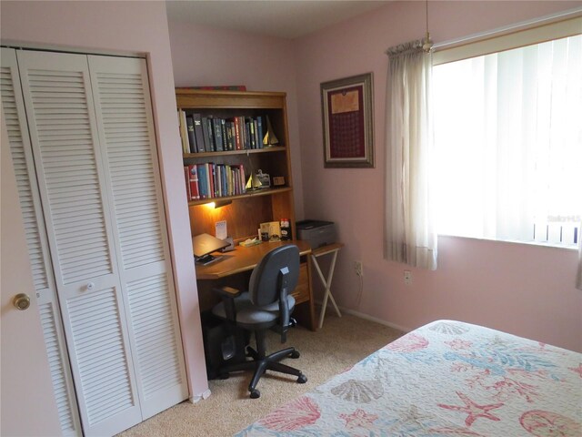 bedroom featuring carpet floors, baseboards, and a closet