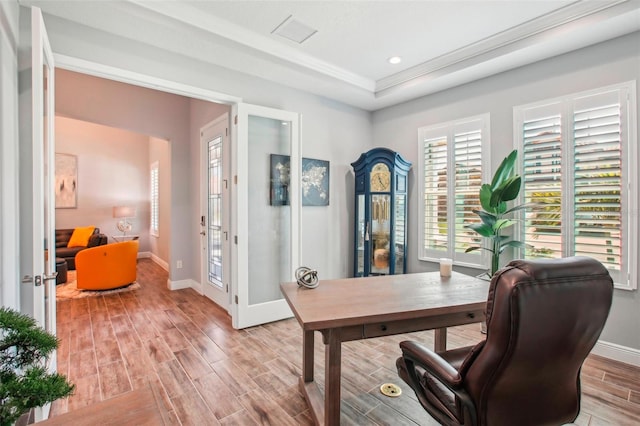 office space with wood finish floors, visible vents, baseboards, and recessed lighting