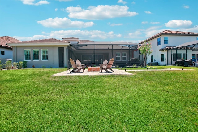 back of property featuring stucco siding, a patio, central AC, a yard, and a lanai