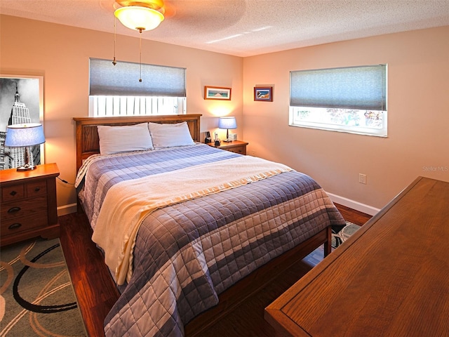 bedroom with multiple windows, a textured ceiling, and wood finished floors