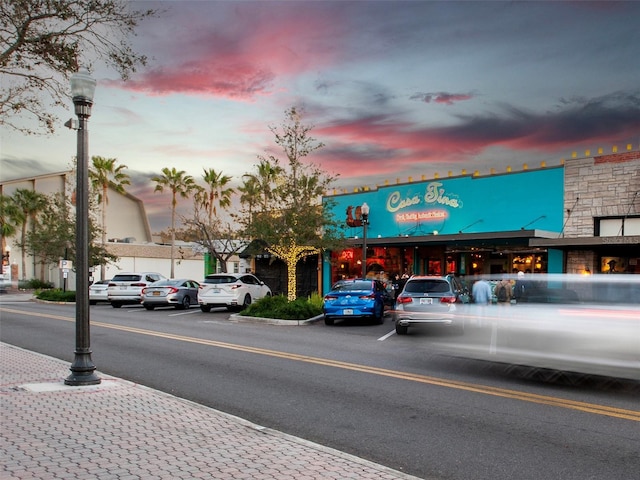 view of road with sidewalks, street lighting, and curbs