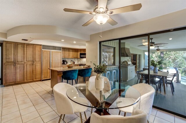 dining space featuring recessed lighting, light tile patterned flooring, visible vents, and a ceiling fan