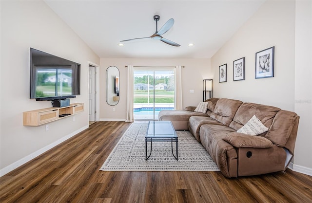 18186 Sandy Pointe Dr, Tampa, FL 33647 - living area with a ceiling fan, wood finished floors, lofted ceiling, baseboards, and recessed lighting