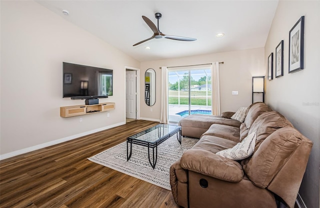 18186 Sandy Pointe Dr, Tampa, FL 33647 - living area with vaulted ceiling, recessed lighting, baseboards, ceiling fan, and wood finished floors
