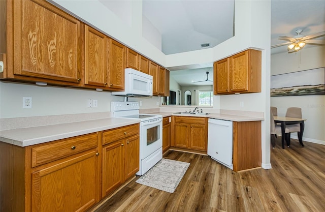 18186 Sandy Pointe Dr, Tampa, FL 33647 - kitchen featuring a sink, brown cabinets, white appliances, ceiling fan, and dark wood-type flooring