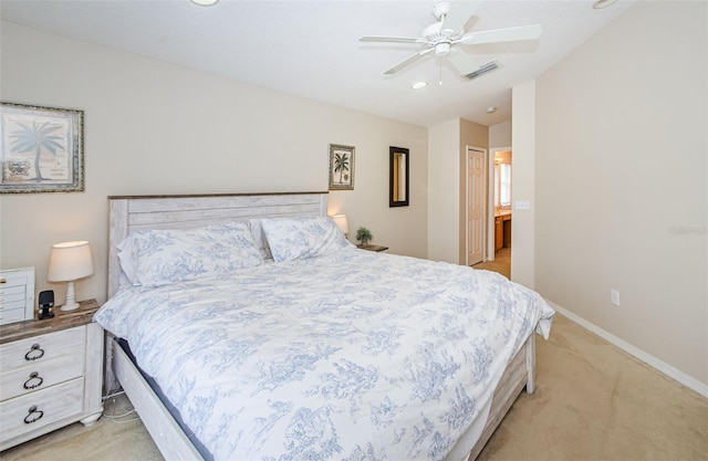 18186 Sandy Pointe Dr, Tampa, FL 33647 - bedroom featuring light colored carpet, visible vents, ceiling fan, and baseboards