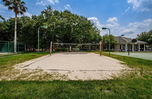 18186 Sandy Pointe Dr, Tampa, FL 33647 - view of property's community with volleyball court, fence, and a lawn
