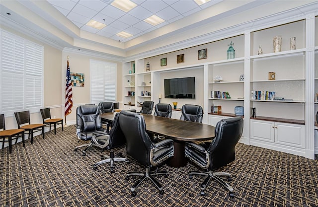 18186 Sandy Pointe Dr, Tampa, FL 33647 - office featuring carpet floors, built in features, baseboards, and crown molding