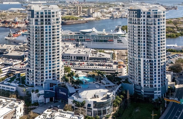 aerial view featuring a water view and a city view