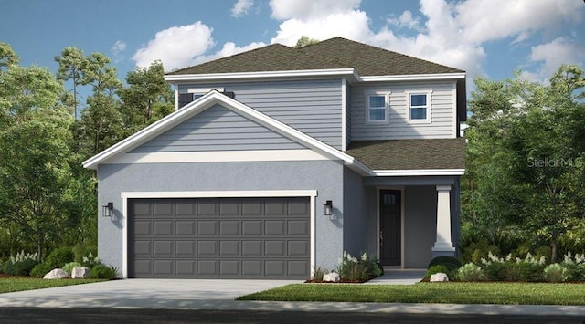 view of front of house featuring a garage, concrete driveway, a shingled roof, and stucco siding