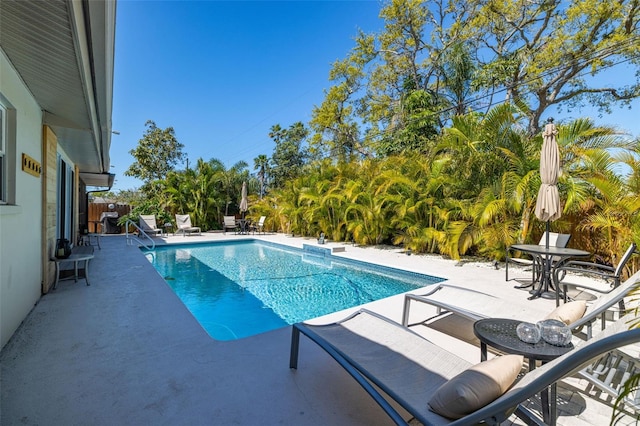 view of swimming pool with fence, a fenced in pool, and a patio