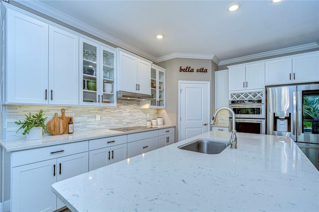 kitchen with ornamental molding, stainless steel appliances, under cabinet range hood, white cabinetry, and a sink