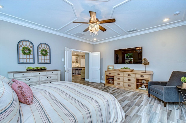 bedroom featuring crown molding, recessed lighting, visible vents, a ceiling fan, and wood finished floors