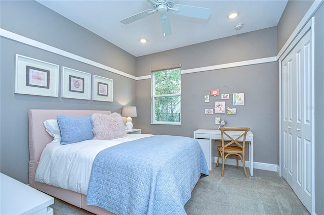 carpeted bedroom featuring a ceiling fan, recessed lighting, a closet, and baseboards