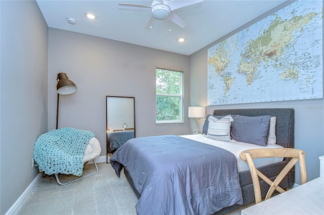 carpeted bedroom featuring a ceiling fan, recessed lighting, and baseboards