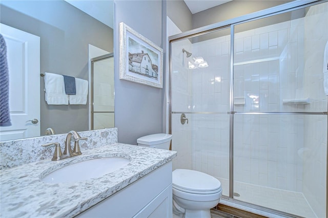 bathroom featuring toilet, a stall shower, and vanity