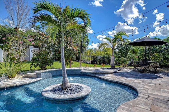 view of swimming pool featuring a fenced in pool, a patio area, and a fenced backyard