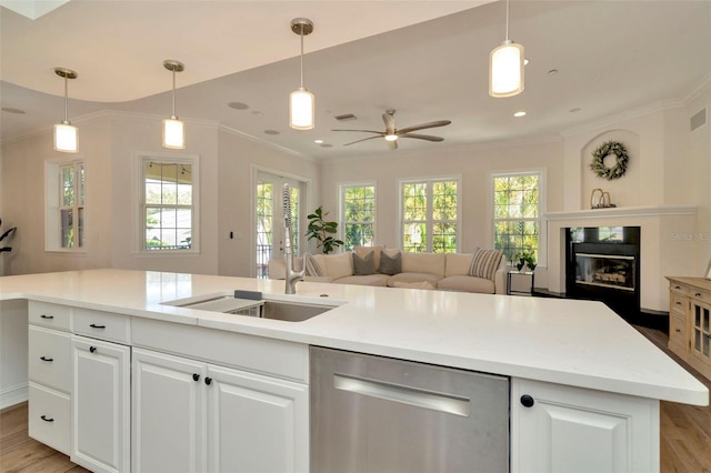 kitchen with dishwasher, a glass covered fireplace, open floor plan, light wood-style floors, and a sink