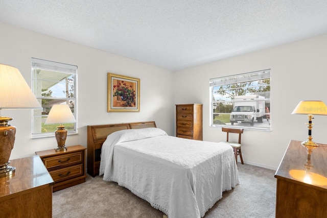 bedroom featuring light colored carpet, a textured ceiling, and multiple windows