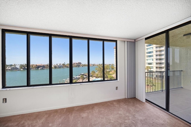 carpeted empty room featuring a water view, plenty of natural light, and a textured ceiling