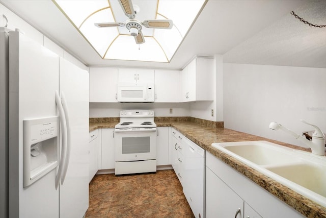 kitchen with white appliances, a ceiling fan, white cabinets, and a sink