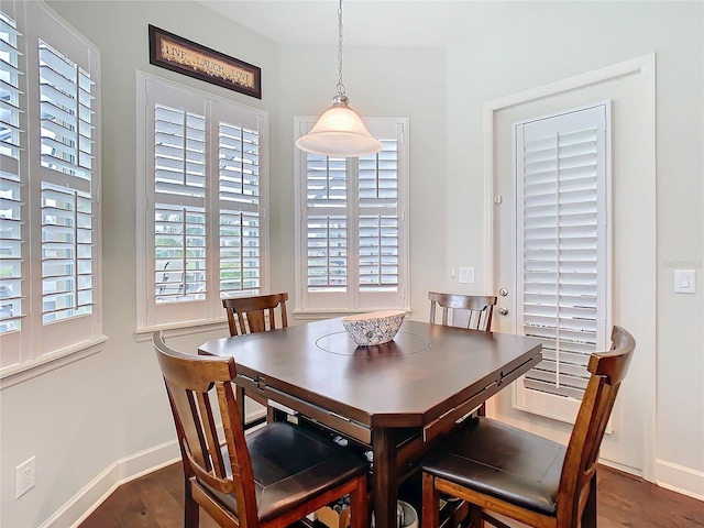 dining room with dark wood-style flooring and baseboards