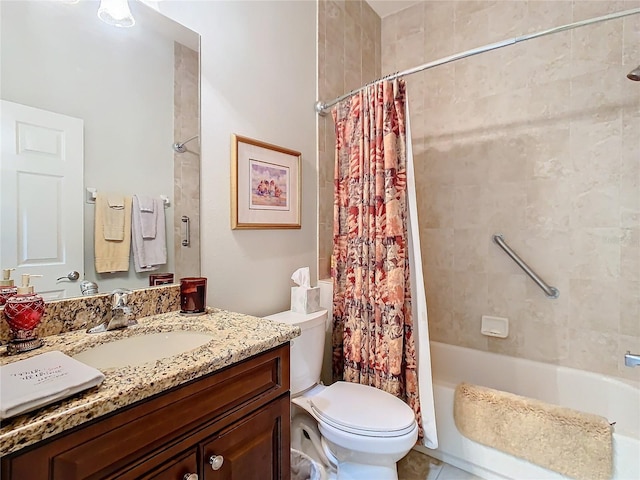 full bathroom with shower / bathtub combination with curtain, vanity, and toilet