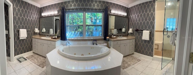 full bathroom with a sink, wallpapered walls, and ornamental molding