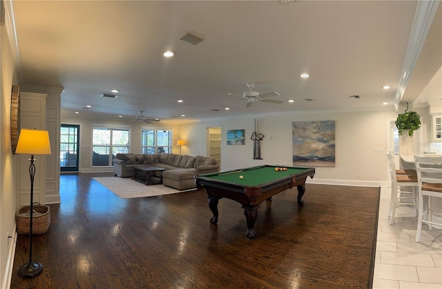 rec room featuring recessed lighting, ceiling fan, pool table, and ornamental molding