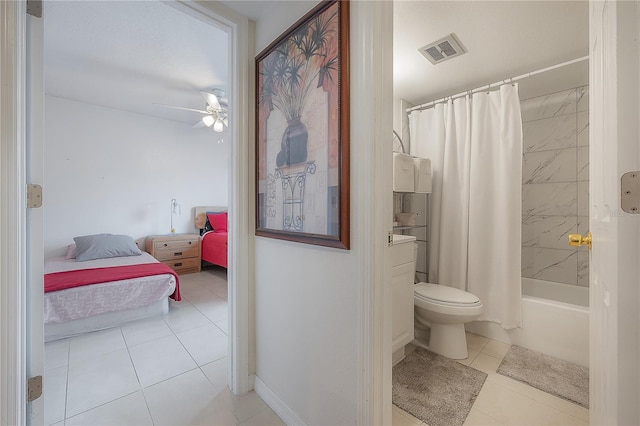 full bath featuring visible vents, connected bathroom, toilet, tile patterned flooring, and shower / bath combo with shower curtain