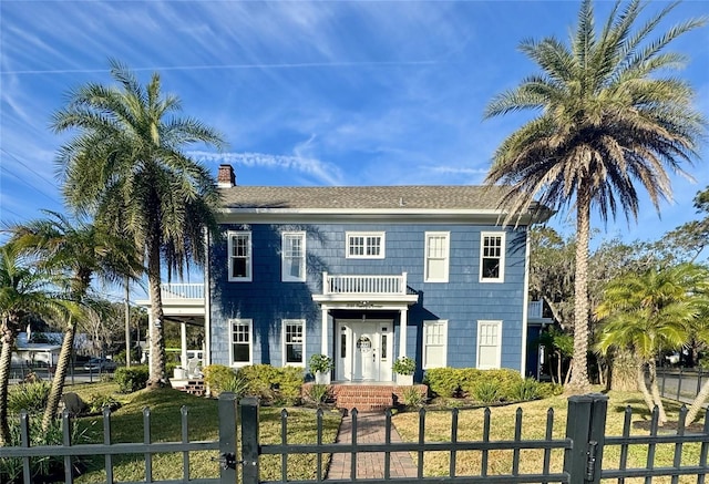 view of front of property with a fenced front yard, a chimney, a shingled roof, a gate, and a balcony