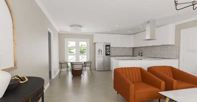 kitchen featuring white cabinets, light countertops, backsplash, stainless steel fridge with ice dispenser, and island exhaust hood