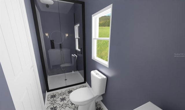 bathroom with a stall shower, plenty of natural light, and toilet