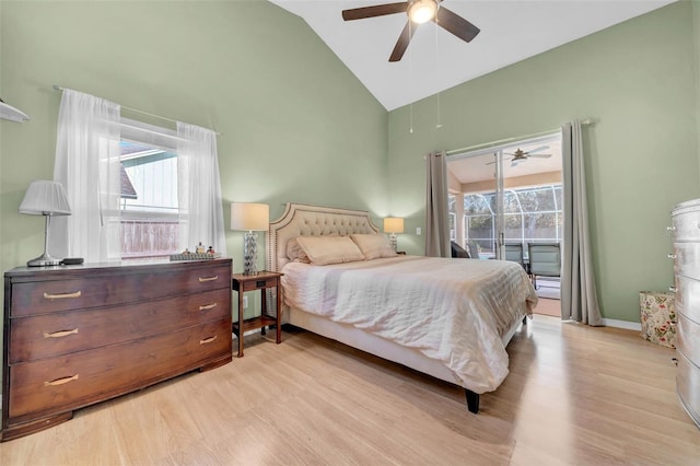 bedroom with access to exterior, lofted ceiling, light wood-style flooring, ceiling fan, and baseboards