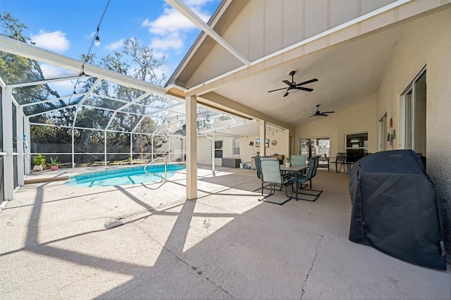 view of swimming pool with a fenced in pool, a patio, ceiling fan, grilling area, and a lanai