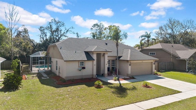 view of front of house featuring a lanai, a garage, an outdoor pool, concrete driveway, and stucco siding