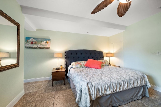 bedroom with a ceiling fan, visible vents, and baseboards