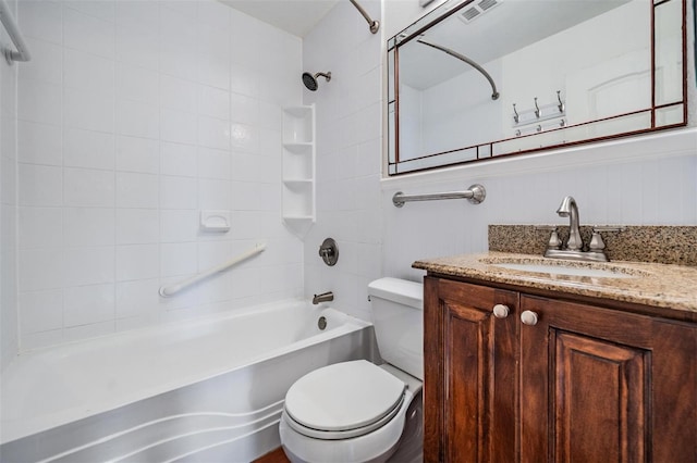 full bath featuring toilet, shower / bathtub combination, visible vents, and vanity