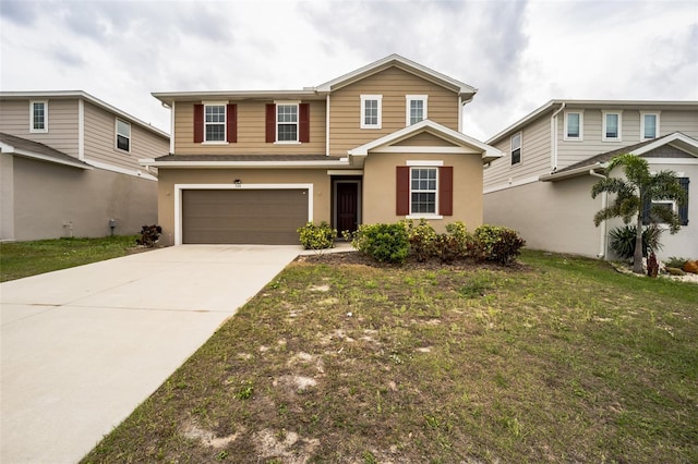 traditional home with driveway, an attached garage, and a front lawn