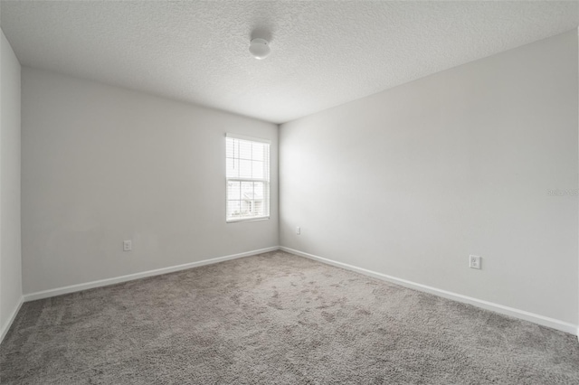 spare room with a textured ceiling, carpet, and baseboards