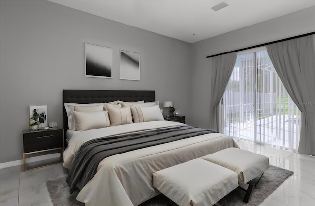 bedroom featuring baseboards, multiple windows, visible vents, and access to exterior