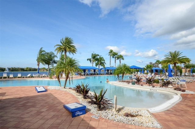 pool with a patio